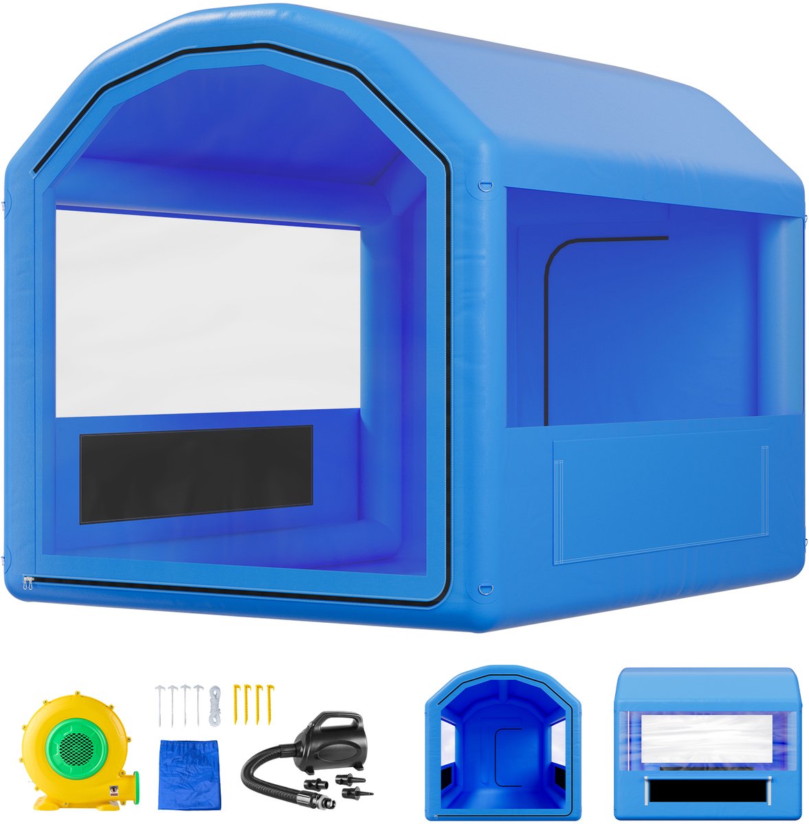 Opblaasbare Spuitcabine 3 x 2,5 x 2,5 m, Tent met 550 W Ventilator en Luchtfiltersysteem, Afgerond Dak, PVC, Geschikt voor Spuitlakken van Metalen Onderdelen, Blauw
