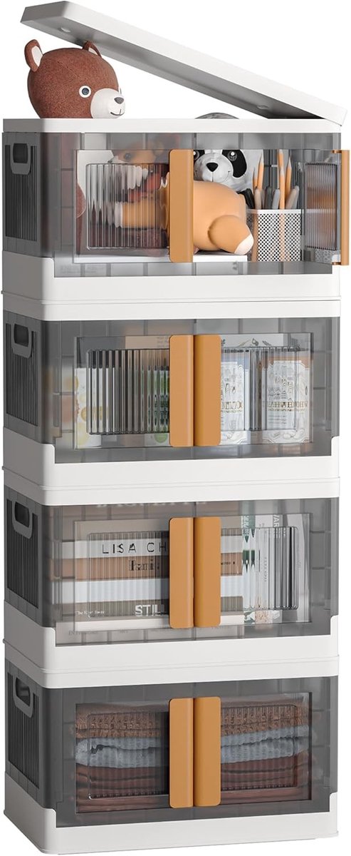 Grote Stapelbare Opbergdozen met Deksel, 32 L, 4 Stuks, Stevige Plastic Boxen, Transparante Opbergoplossingen met Wielen en Deur