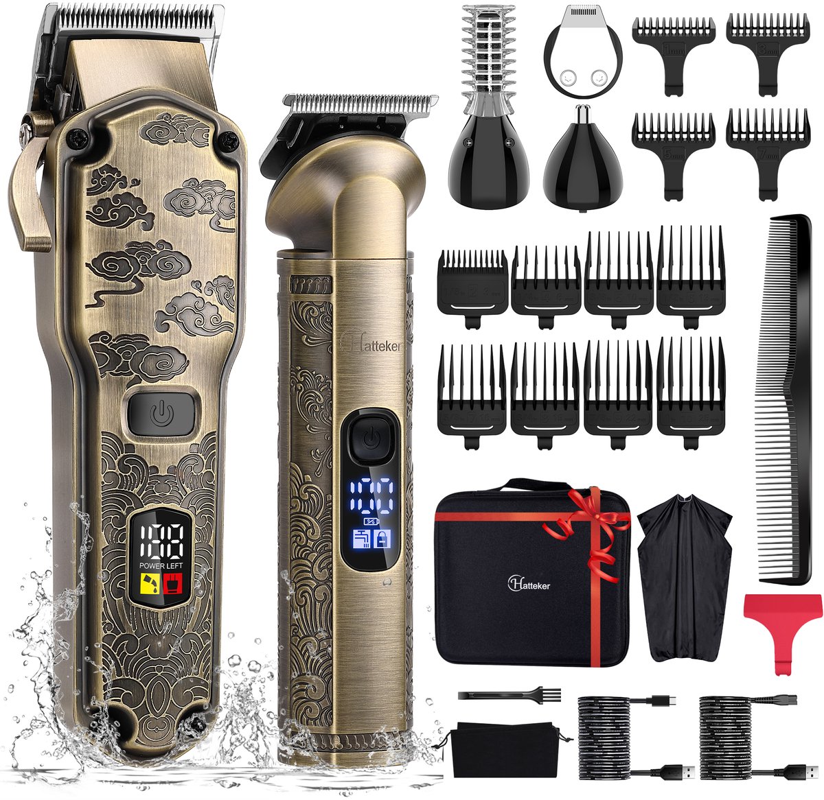 Hatteker Professionele Tondeuse en 4-in-1 Trimmer Set voor Heren – Haartrimmer, Baardtrimmer, Precisie Trimmer & Neustrimmer – IPX7 Waterdicht – USB Oplaadbaar – Draadloos T-Blade – Bronskleurig