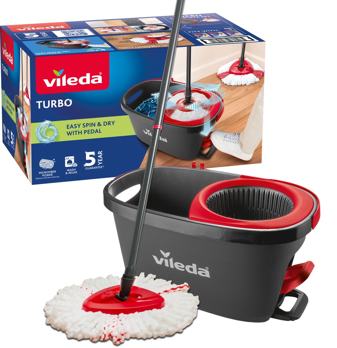 Vileda Turbo Dweilsysteem - Complete Mopset met Emmer en Versterkte Pedaalpers - Telescopische Steel 65-131 cm