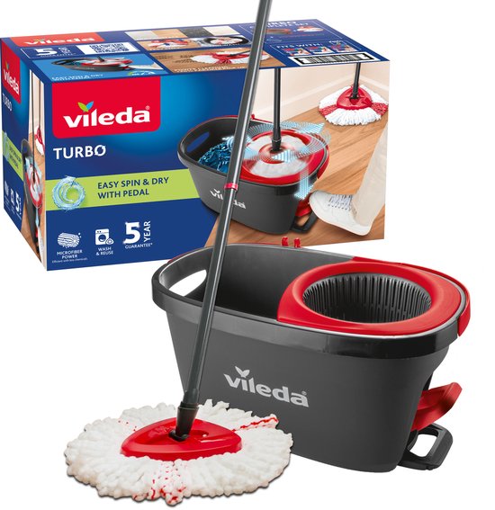 Système de serpillière Vileda Turbo avec seau rouge et gris, serpillière rotative, manche télescopique et boîte. Essorage et séchage faciles avec pédale.
