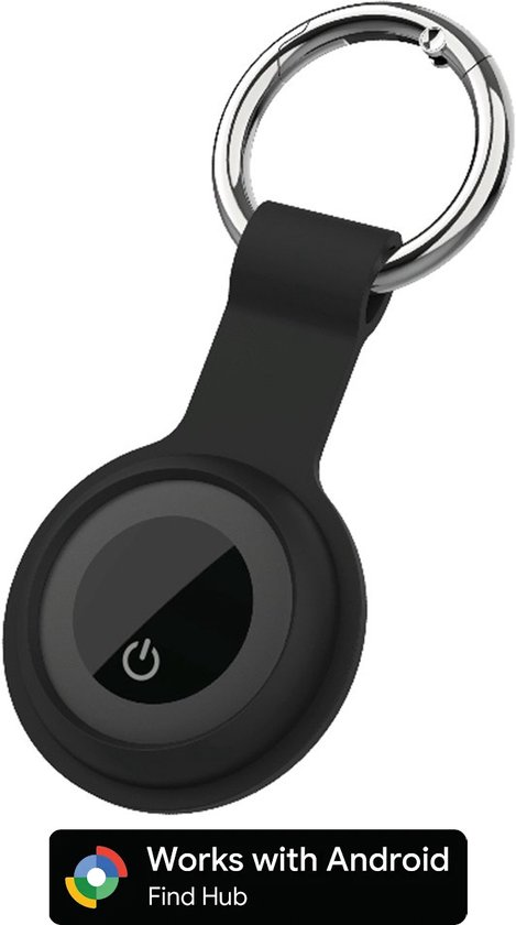 Zwarte tracker met sleutelhanger en een 'Works with Android Find Hub' logo.