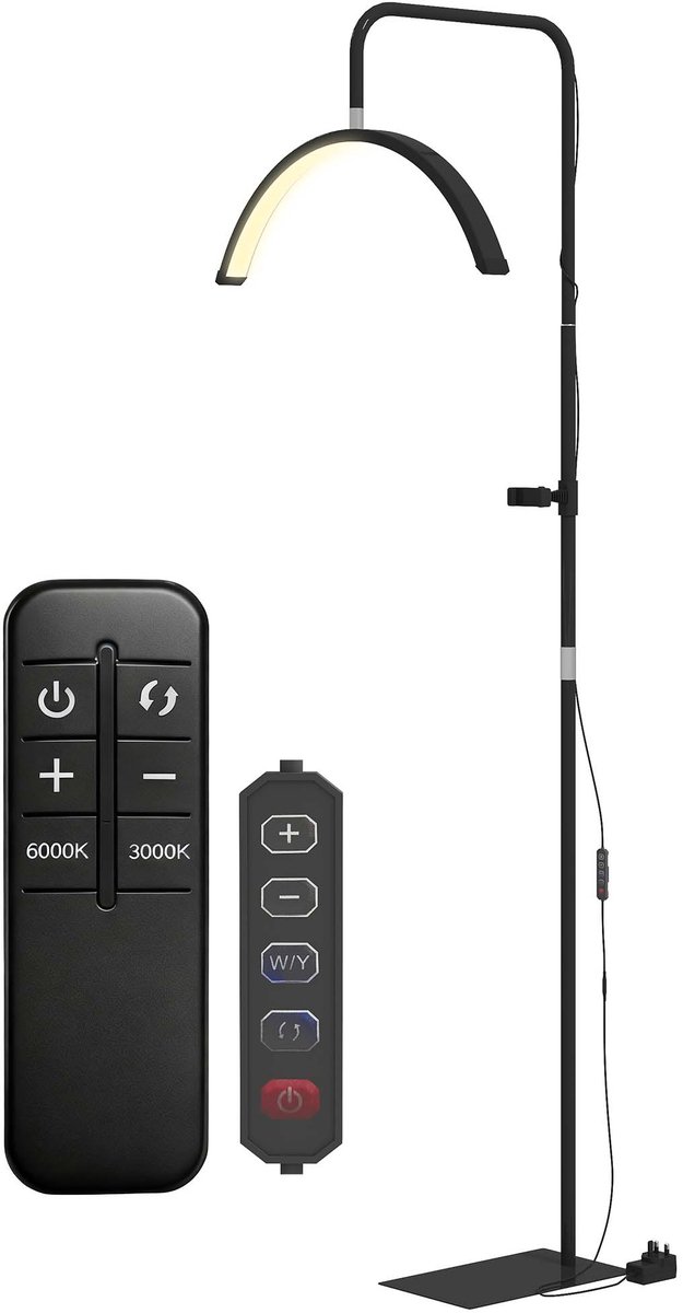 TEKROA® Vloerlamp Halve Maan LED - 350° Draaibaar - Dimbaar - 36W - 7 Kleurtemperaturen - Staande Lamp voor Salon & Woonkamer - Zwart