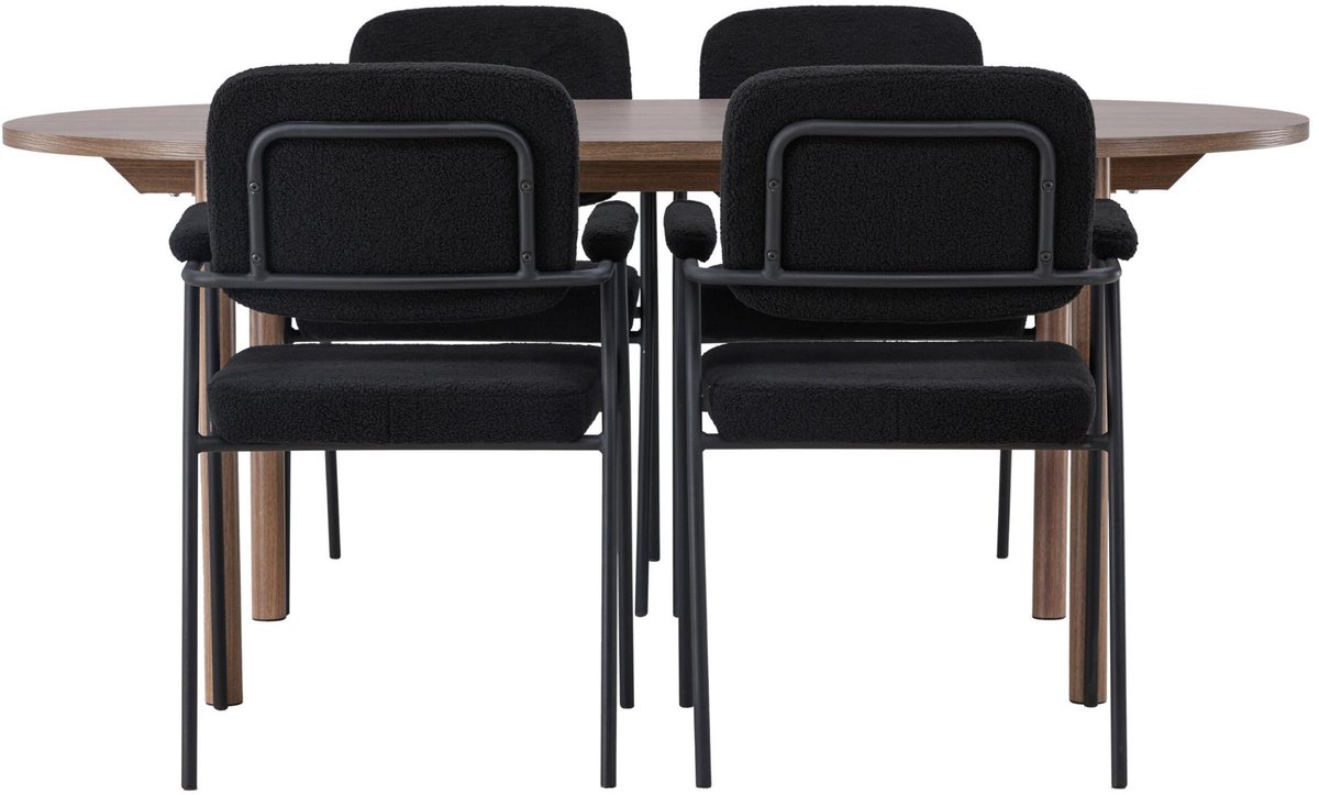 Andy eethoek eettafel naturel 4 stoelen bouclé zwart.