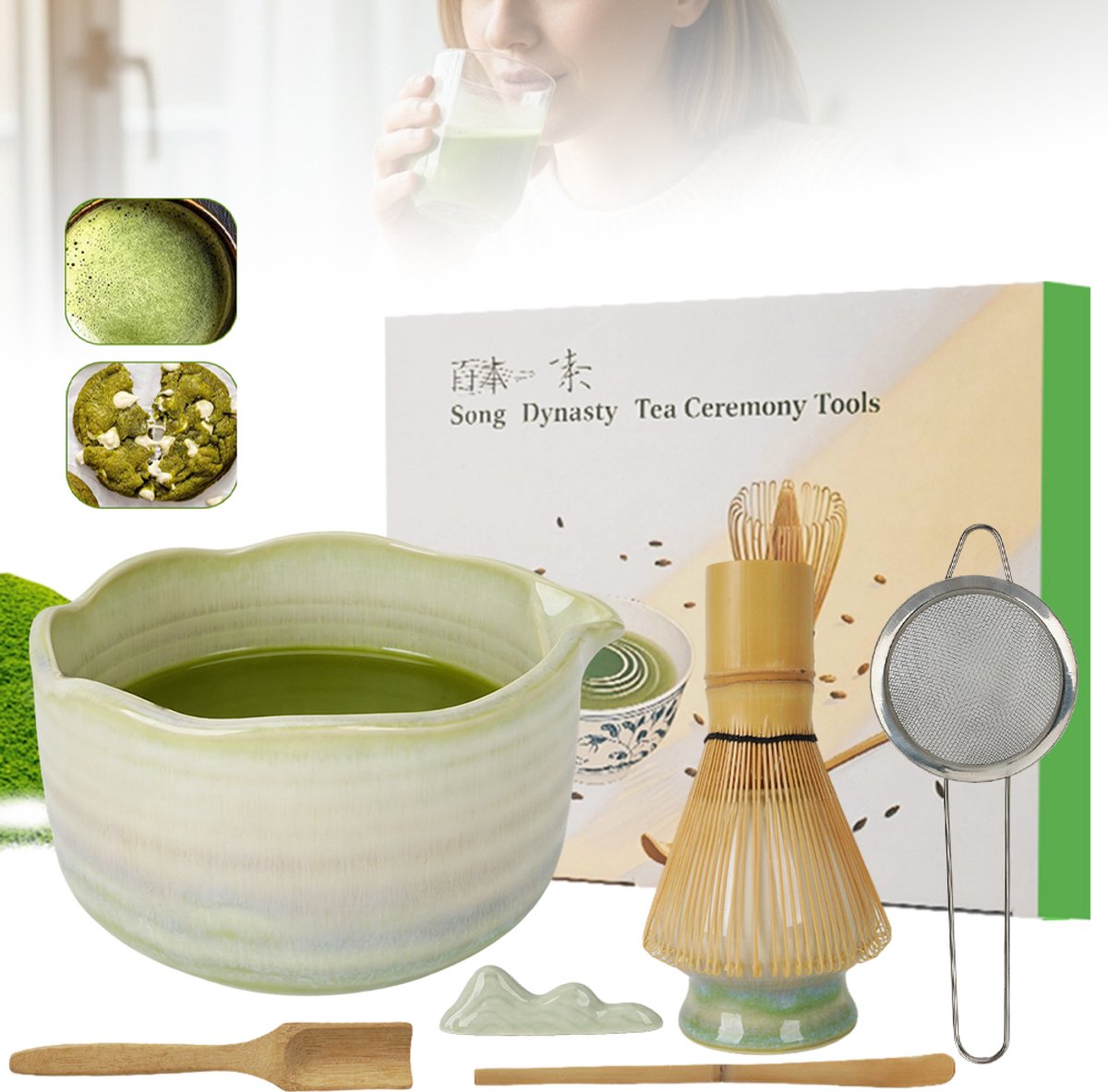 7-Delige Matcha Ceremonie Set Met Groene Gradiënt - Keramische Kom Van 500 ml Bamboe Garde Zeef En Houder - Authentieke Japanse Tools Ideaal Cadeau Voor Theeliefhebbers