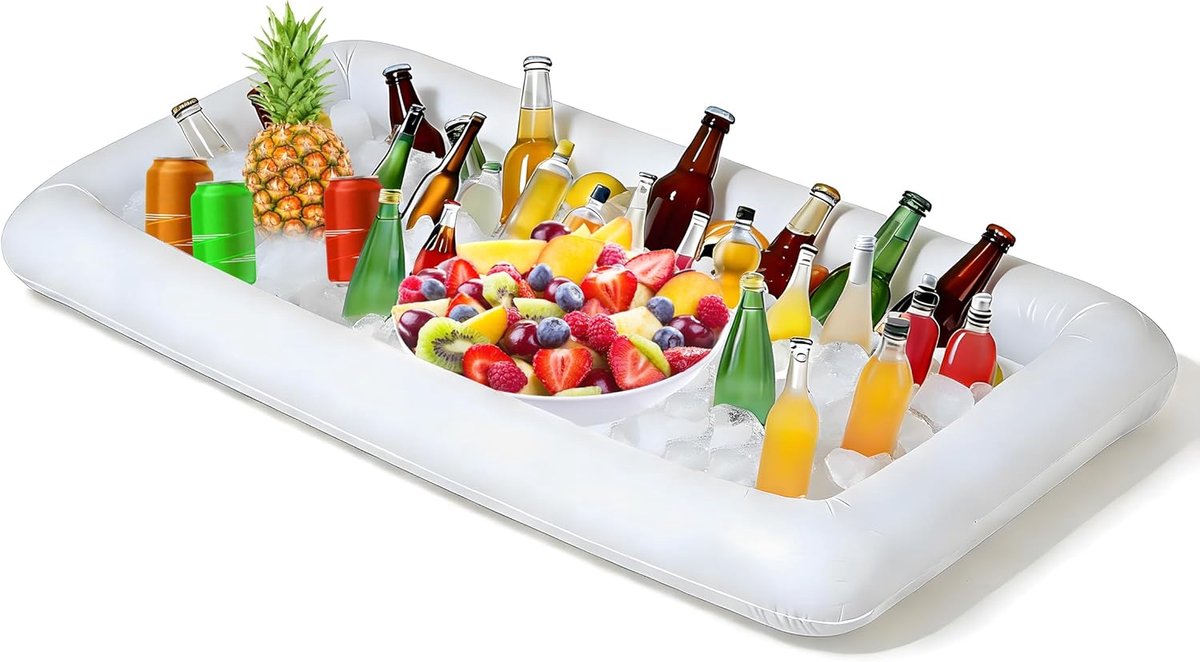 Opblaasbare serveerbar met aftapplug, salade zelfbediening drankvoedsel opblaasbare koelbak eenvoudig op te blazen, geschikt voor feesten, picknicks, diploma-uitreikingen en kamperen 135 * 65 cm (wit, 1 stuk)