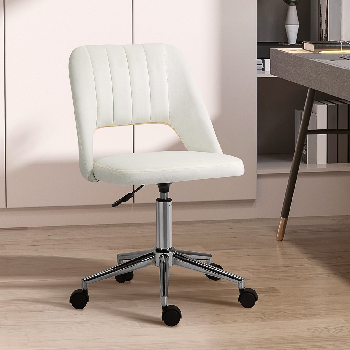 FloraGrace Bureaustoel 49 x 60 cm - Draaibaar En Hoogteverstelbaar Zonder Armleuningen - Ergonomisch Voor Bureau En Woonkamer - Polyester - Beige
