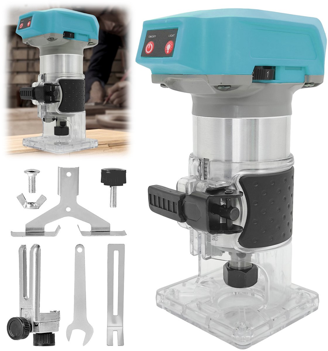 18V Accu‑kantenfrees ZONDER accu en oplader, inclusief rechte geleideplaat en accessoires‑set, draadloze freesmachine voor houtbewerking en timmerklussen