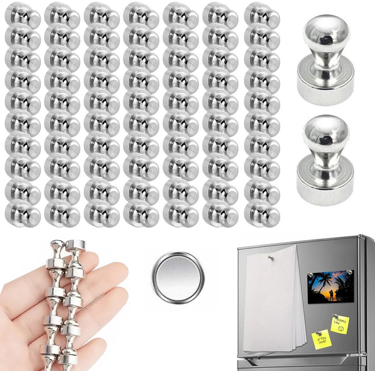 72 Magneten - Neodymiummagneten - Conische magneten - Sterke magnetische klikmagneten voor de koelkast - Kleine koelkastmagneten - Magnetische borden - Metaal - Voor magnetische borden/prikborden - 12 x 16 mm - Zilver