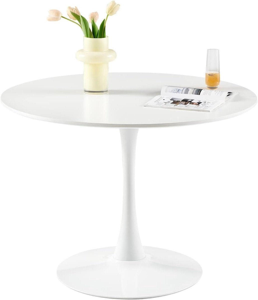 Ronde Eettafel - Keukentafel Bureau - Eten Zitten Werken - Mid-Century Stijl - Diameter 100 cm - Wit