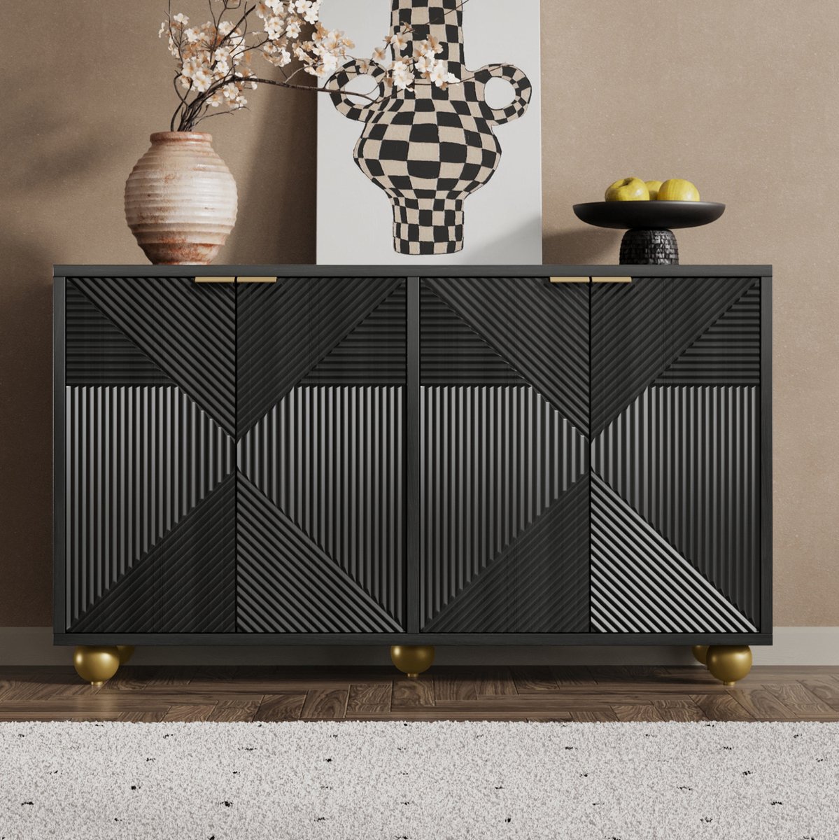 OKWISH Dressoir - 120 x 35 x 71,5 cm - 4 Deuren - Verstelbare Binnenplanken - Gesloten Opbergruimte - MDF Zwart met Gouden Details