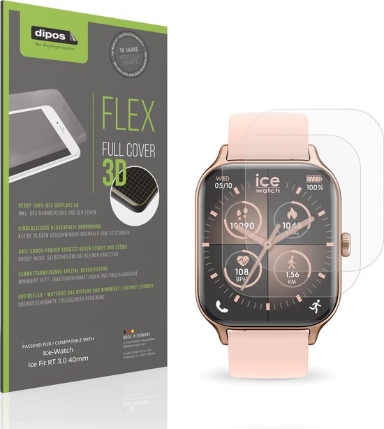 Roze Ice Watch met mat display. Verpakking van dipos FLEX screenprotectors met de tekst 'FULL COVER 3D'.