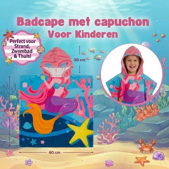 Badponcho - Poncho Handdoek - Zeemeermin - Zomer Badcape - Omslagdoek - Handdoek Met Capuchon - Strandhanddoek - Polyester - Meisje - Kinderen - Kinder - Peuter - Kleuter - Vanaf 3 jaar — afbeelding 3