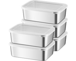 Roestvrijstalen voedselbewaarbox - Set van 5 - Met deksel - Bento Box - Snackbox - Fruitbakjes - Vershoudbakjes - Lekdichte snackcontainer - Herbruikbare - Luchtdicht, Vaatwasser- en Vriezerbestendig - Voor school, werk of picknick