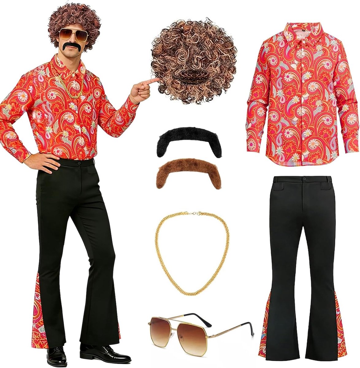 Stijlvolle 70s disco outfit voor mannen, 7-delig kostuum met shirt, broek, pruik, riem, bril, baard en gouden ketting, perfect voor carnaval en themafeesten