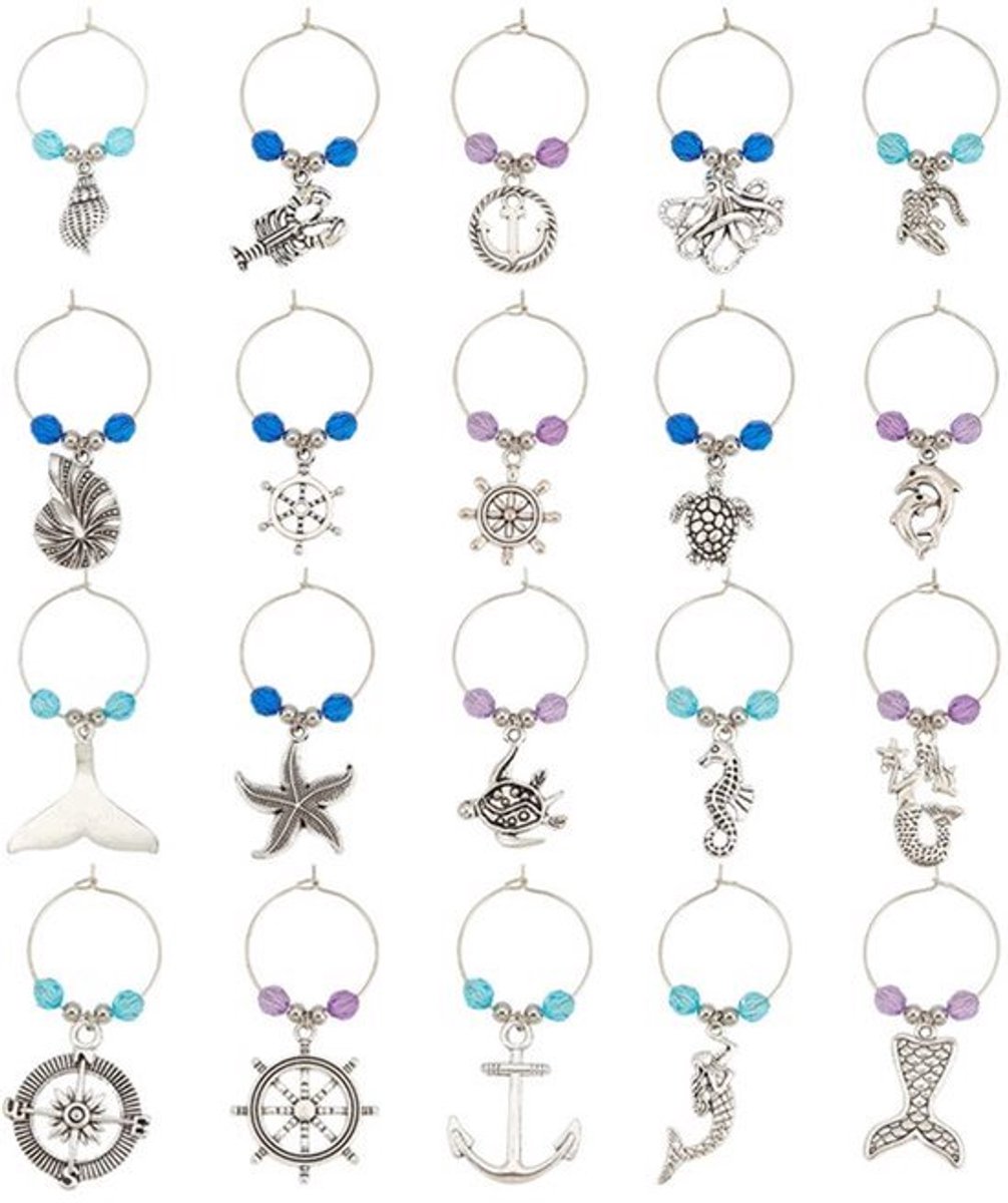 20 Sets Wijnglas Charms - Nautisch Thema - Zeemeermin, Roer, Zeester en Schildpad
