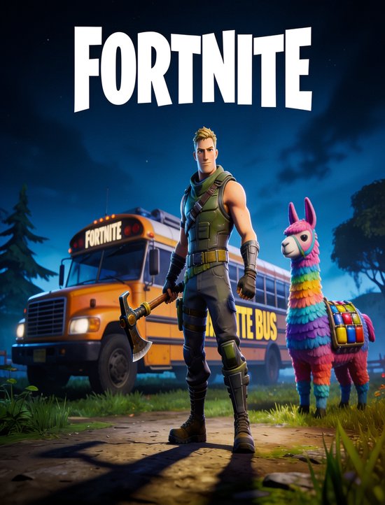 Luxe Metalen Wanddecoratie 30x40cm - Fortnite - Battle Bus - Loot Llama - Metalen Poster 40x30cm
