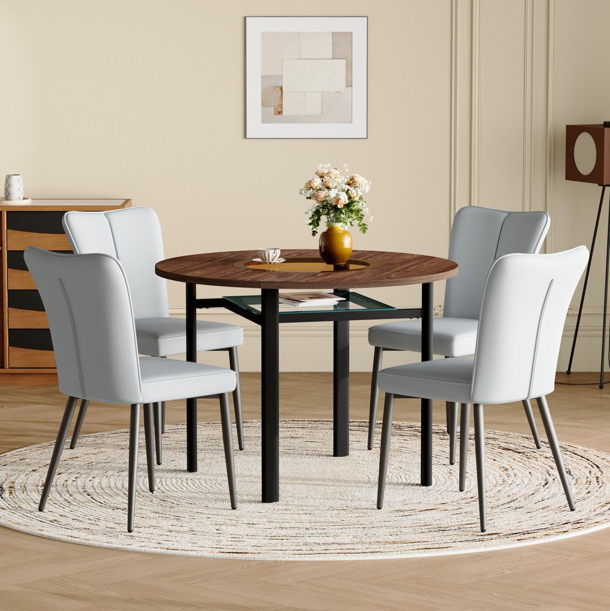 DESMIU Eettafelset 100 cm - Ronde Tafel Met Glasinzet En 4 Stoelen - Voor Eetkamer En Keuken - Hout Metaal Kunststof - Bruin Zwart Lichtgrijs