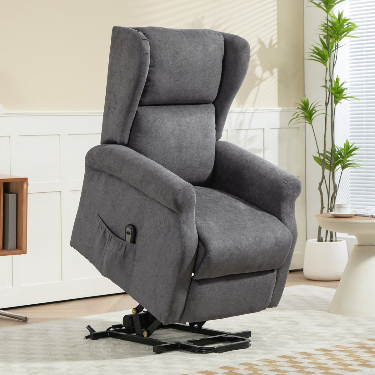 FloraGrace Relaxfauteuil 74 x 94 x 111 Cm - Elektrische Sta-Op Functie En Ligfunctie Met Afstandsbediening - Voor Woonkamer - Stof - Donkergrijs