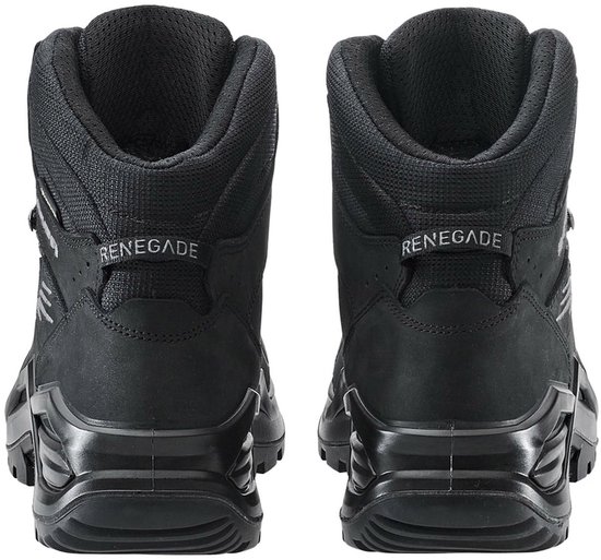 Achterkant van twee zwarte Lowa Renegade wandelschoenen met dikke zolen.