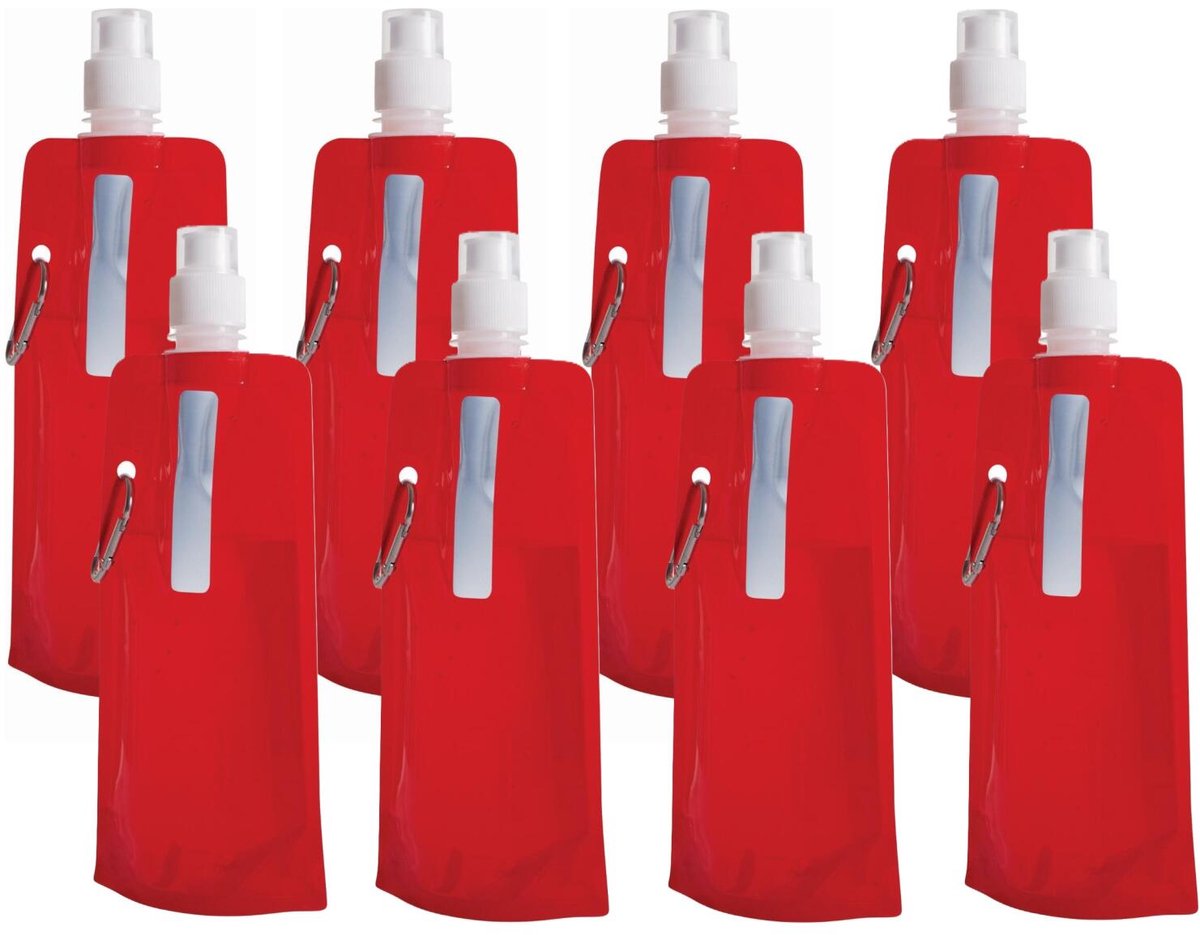 Trendoz Waterfles / drinkfles opvouwbaar - 8x - rood - kunststof - 400 ml - schroefdop - ophanghaak - sport - op reis - ruimtebesparend