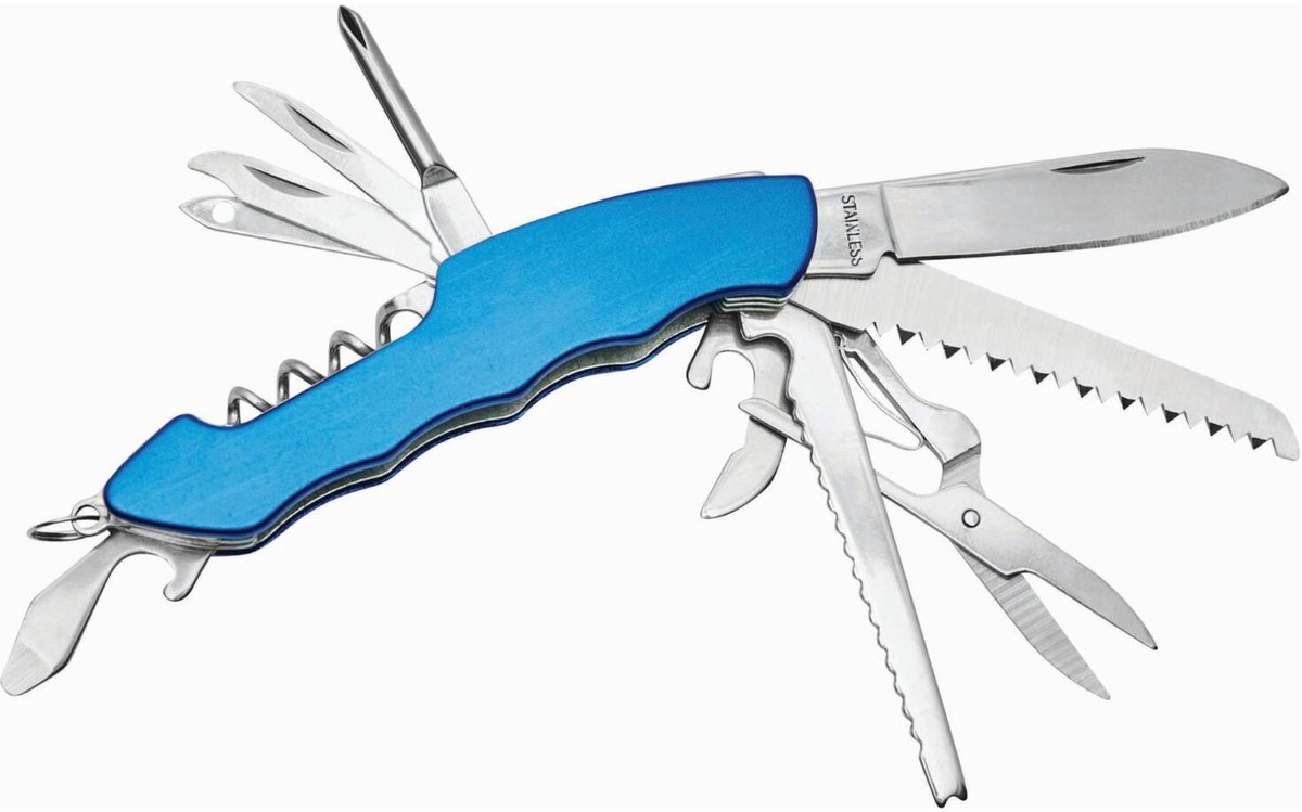 Bellatio Design Multifunctioneel zakmes - blauw - 11 functies - 10 cm - Zwitsers hobby en outdoor zakmes - gereedschap tool