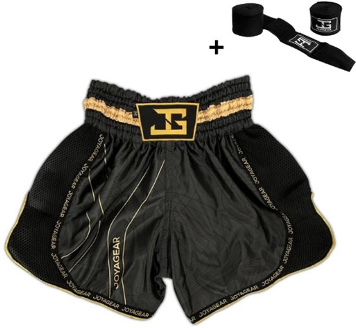 Joyagear ESSENTIAL Kickboksbroek – Maat S – Zwart/Goud – Kickboksen & Muay Thai – Handgemaakt – Inclusief Bandage