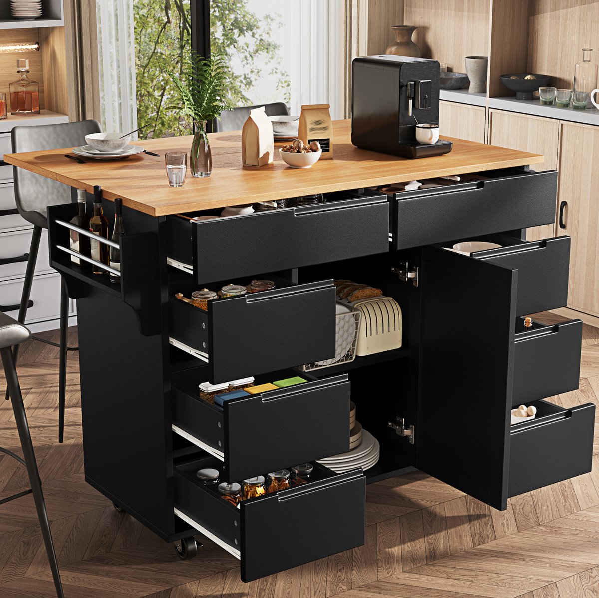 COVREO Keukenkast 122 x 74,5 x 91,5 cm - uitklapbaar werkblad, 8 lades, rollen, zwart