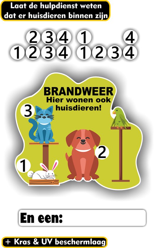 Brandweersticker met huisdieren: hond, kat, konijn en vogel, met nummers 1, 2, 3, 4.