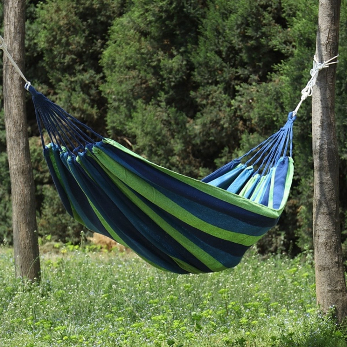 Dikke Canvas Hangmat Veld Rollover Preventie Buiten Hangmat Schommel 260x100 Geen Stok (Blauwe Strepen)