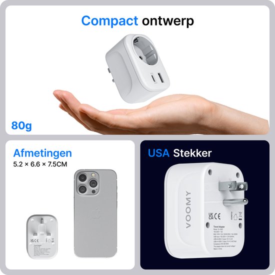 Compact wit reisadapter 80g met USB-C en USB-A poorten, een hand met adapter. Afmetingen 5.2 x 6.6 x 7.5CM. USA stekker op de achterkant.