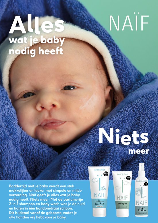Baby ingewikkeld in een blauwe handdoek met "Alles wat je baby nodig heeft, Niets meer" en Naïf producten.