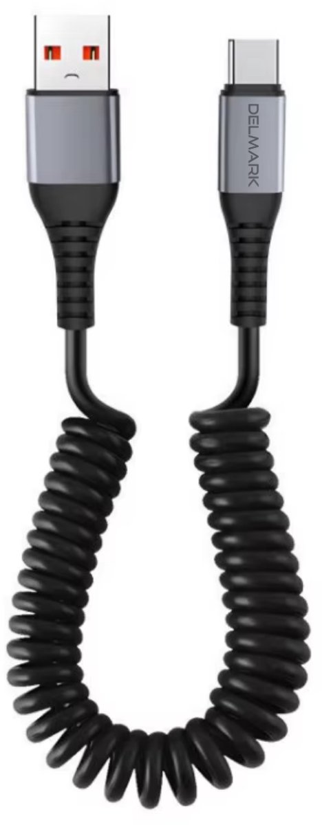 Delmark Krulsnoer USB-A naar USB-C Kabel – 66W Fast Charging Spiraalkabel – 3A Quick Charge & PD – Elastische Krulkabel – Grijs/Zwart