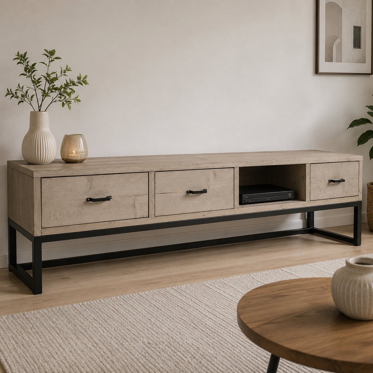 Wibema Meubelen Industrieel TV-meubel Two – Steigerhout en staal – 180 cm – 3 lades – Wibema veroudert steigerhout