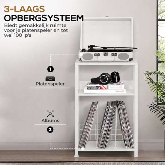 LP Opbergsysteem - Wit - Tot 100 Platen - Stevig Hout & Metaal - 65 x 40 x 30 cm (H x B x D) - Platenspeler Meubel - Platen Houder - Vinyl Kast / Tafel - Standaard - Platenrek - Platenhouder - Platenkast — afbeelding 4