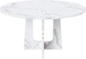 Ronde witte eettafel met marmerlook print en een modern, open onderstel.