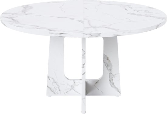 Ronde witte eettafel met marmerlook print en een modern, open onderstel.
