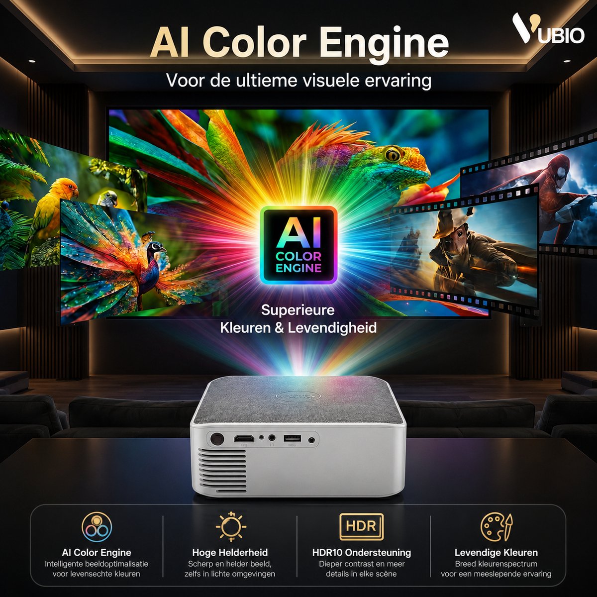 VUBIO Vortex Mini Beamer 4K | ANDROID | WIFI | AI Color Engine | 19200 Lumen | Max 300" | 3D Ready (Anaglyph) | Automatische Keystone | 2 Ingebouwde Speakers | LED Mini Projector – foto 2
