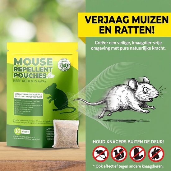 Verpakking muizenverjager pouches op tafel, met een illustratie van een muis.