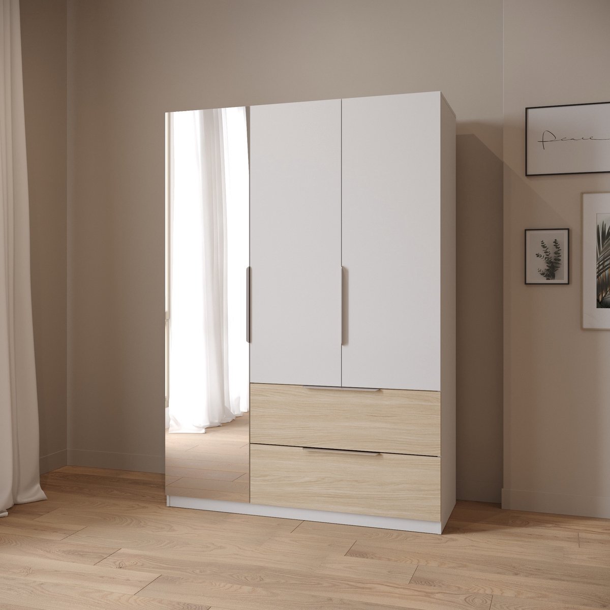 CBA MERYL kledingkast - 3 deuren - 1 spiegeldeur - 2 laden - Kledingroede - 4 legplanken - Wit & Amaya eik - 134 x 52 x 193 cm
