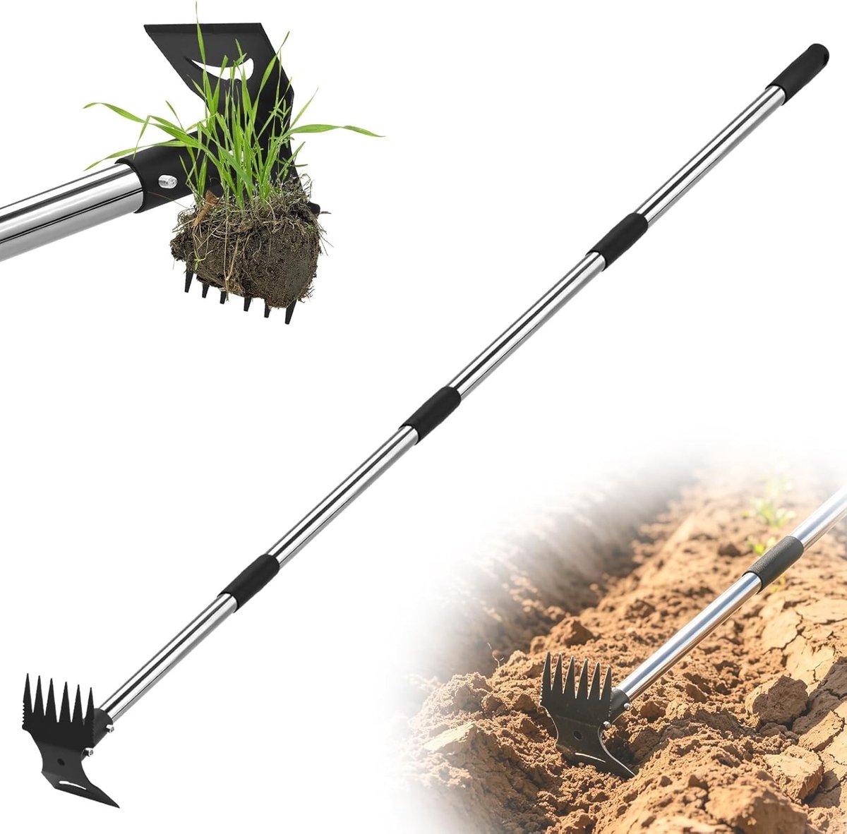 Handmatige onkruidverwijderaar met lange steel, ideaal voor tuin, gazon en terras, 2-in-1 functie