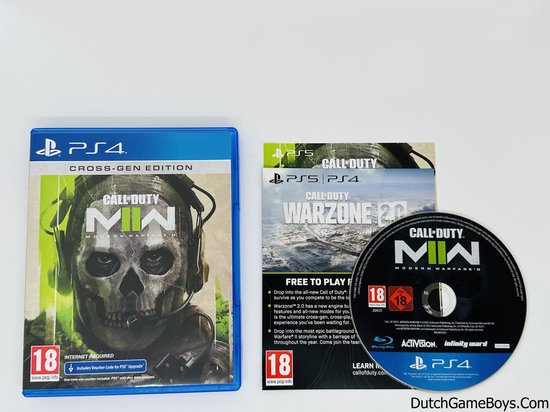 PlayStation 4 speldoos en disc voor Call of Duty: Modern Warfare II, Cross-Gen Editie. De doos toont een schedel. De disc heeft "WARZONE 2.0".