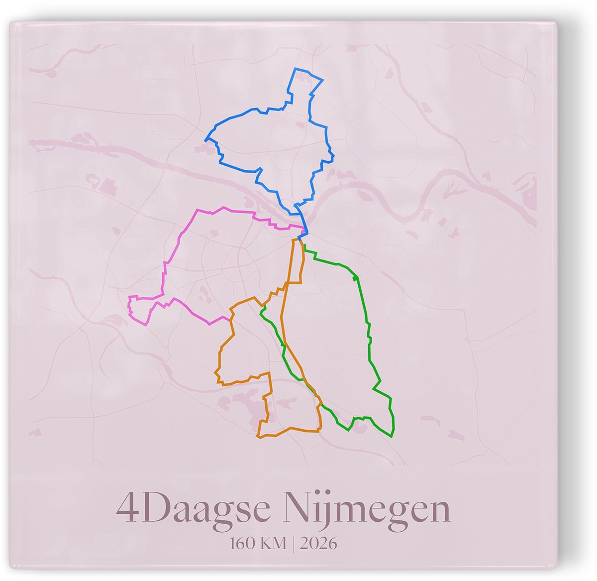 Tegeltje Vierdaagse Nijmegen 2026 Route 160 km - roze - 4Daagse wandelroute - cadeau Vierdaagse