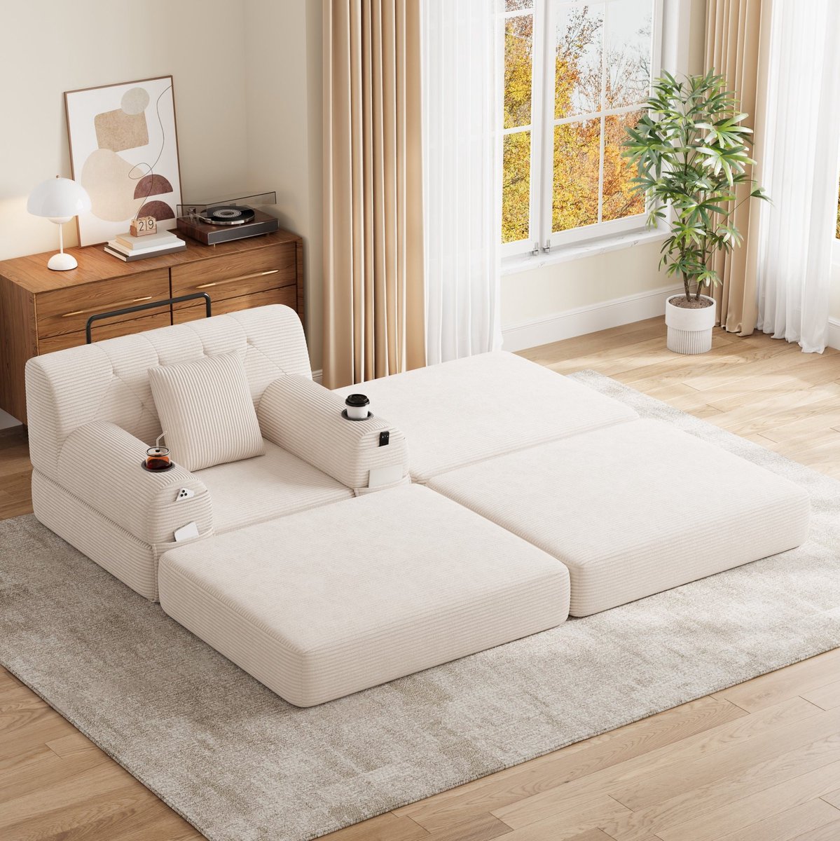 Wishdor - Fauteuil - 1-zits slaapfauteuil met hocker en bekerhouders - Scandinavisch - woonkamer of logeerkamer - cord stof en metaal - beige - 162 x 107 x 81 cm