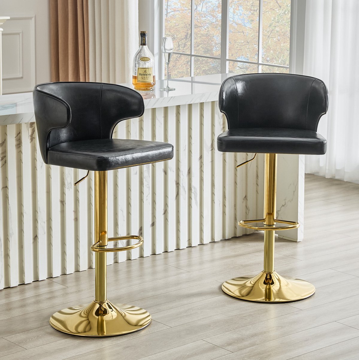 OKWISH Barkruk - Set van 2 Hoogteverstelbare Barstoelen Met Rugleuning En Voetsteun - 360 Graden Draaibaar Voor Keuken En Bar - Kunstleer - Zwart