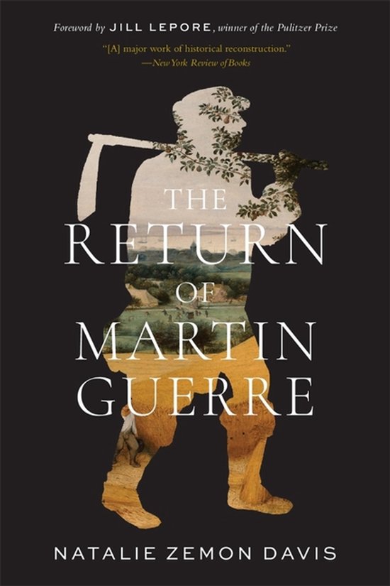 Boekomslag 'The Return of Martin Guerre' met een silhouet van een man met een zeis, gevuld met een schilderij van een landschap.