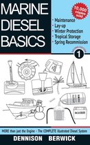 Boek 'Marine Diesel Basics' met illustraties van een boot, sneeuwpop, zeilboot, en diesel gerelateerde onderdelen. Titel in grote letters.