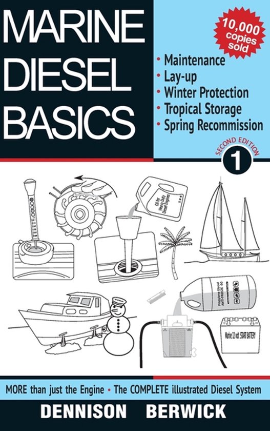 Boek 'Marine Diesel Basics' met illustraties van een boot, sneeuwpop, zeilboot, en diesel gerelateerde onderdelen. Titel in grote letters.