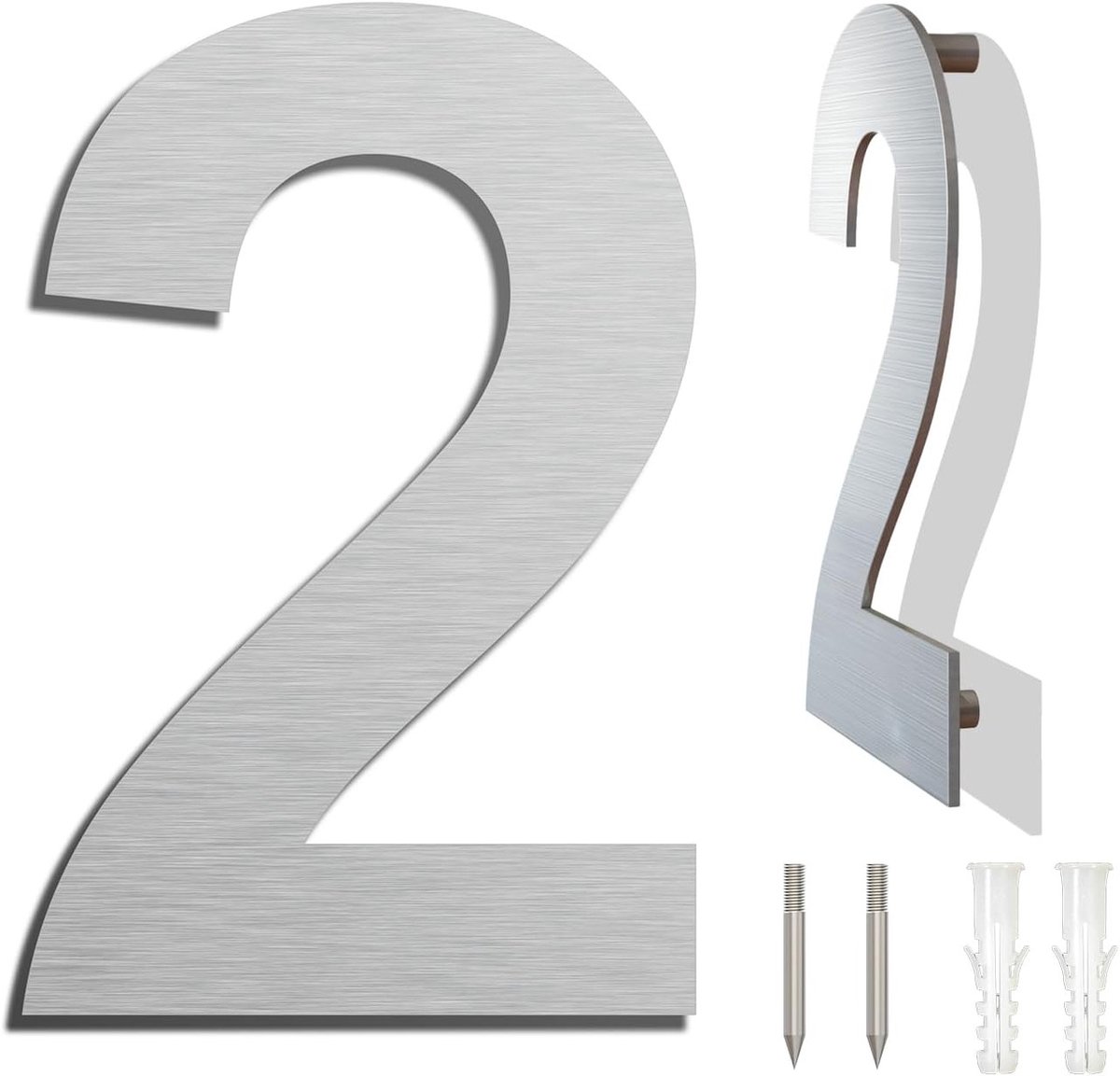 Rvs huisnummer - 25,4 cm - Cijfer 2 - Huisnummerbordje - Huisnummer - Hotelkamernummer - Zwevend huisnummer - Metalen huisnummer - Huisnummer voor buiten - 3D-huisnummer - Eenvoudig te monteren - Minimalistische stijl - Zilver