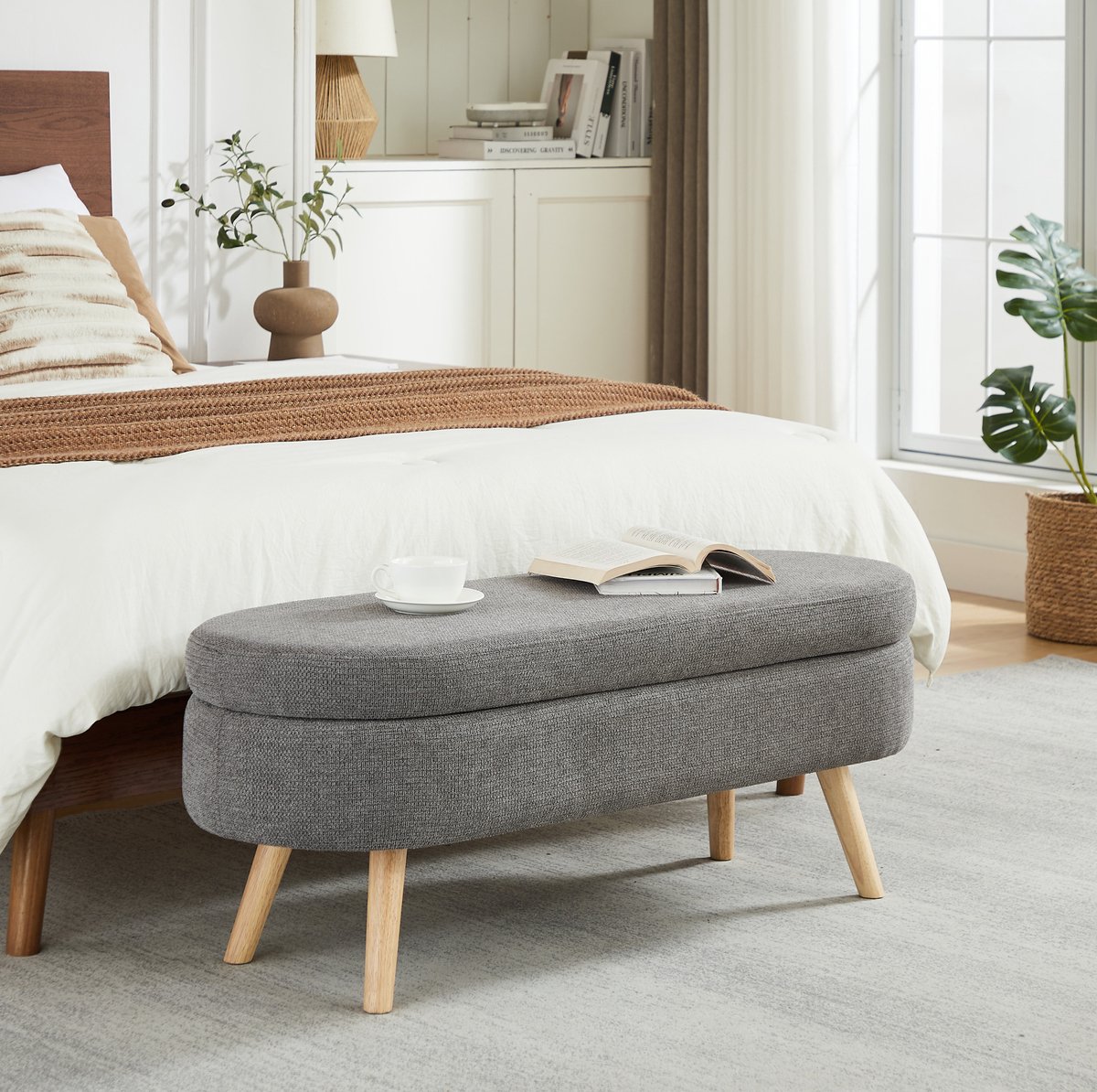 MIVRAY Bankje 110 cm - Opbergbank Met Ventilatiegaten En Antislip Voeten - Voor Hal Slaapkamer Of Woonkamer - Chenille Grijs